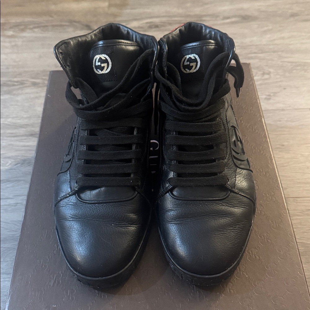 Black Gucci High-Top Sneakers with extra shoelace